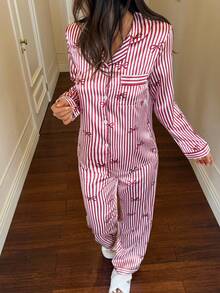 Dream Adore 仿丝绸蝴蝶结条纹女士睡衣套装 - 酒紅色 - 查看 5