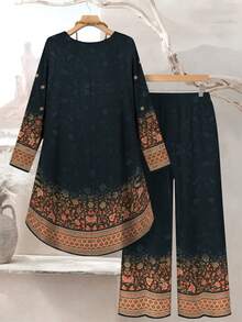 Lacomfia 女士加大码复古花卉植物印花春季时尚圆领长袖不对称下摆宽松上衣和裤子两件套 - 彩色 - 查看 2