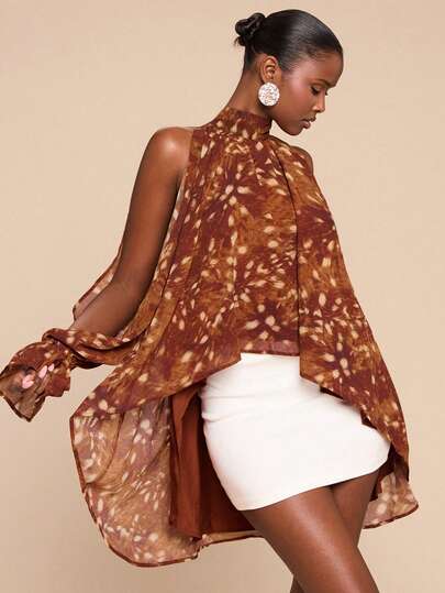 SHEIN BAE Women's Brown Tie-Print Halter Neck Tie Irregular Hem Long-Sleeved Chiffon Top,Leopard Print ,Brown Top , Elegant Women's Blouse,Going Out Top,Valentine's Day Outfit,Summer Tops