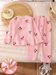 Genkimix Kids 2 件套年轻女孩法兰绒樱桃印花睡衣套装，长袖上衣和裤子，温暖舒适的家居服，适合姐妹，甜美风格 - 粉色 - 查看 2