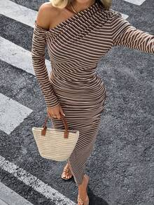 Siren Gaze Fall/Winter 2025 New Women's Elegant Casual Commuting Oblique Shoulder Striped Long Sleeve Dress,Brown Striped Off-Shoulder DressOff-The-Shoulder Slim-Fit Brown Striped Knit Maxi Dress Casual Dress For Women Casual Outfit For Women Ruched Dresses For Women Bodycon Maxi Dress Women Long Bodycon Dress Tight Long Dress Stretchy Dresses Spring - Multicolor - View 1