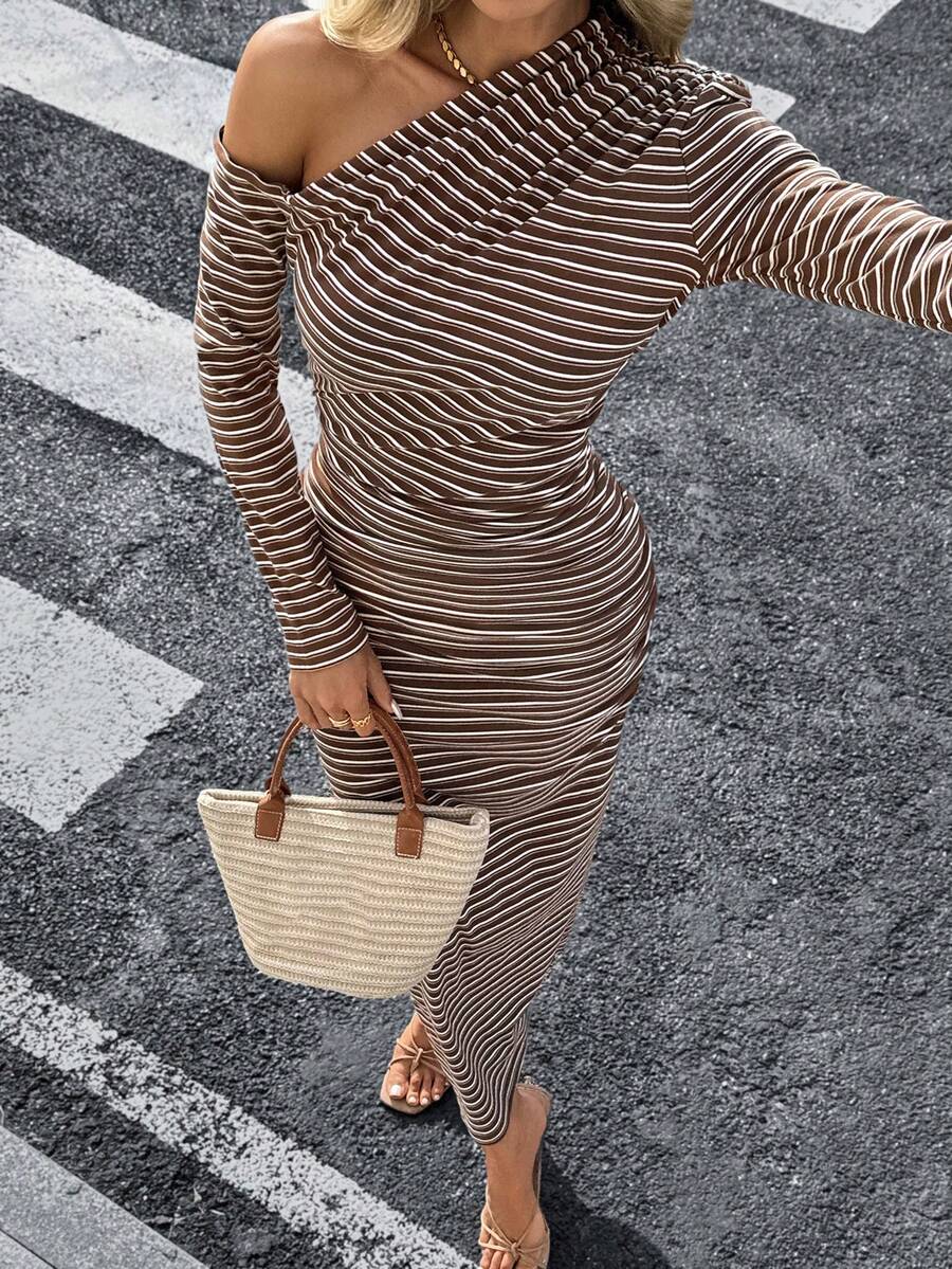 Siren Gaze Fall/Winter 2025 New Women's Elegant Casual Commuting Oblique Shoulder Striped Long Sleeve Dress,Brown Striped Off-Shoulder DressOff-The-Shoulder Slim-Fit Brown Striped Knit Maxi Dress Casual Dress For Women Casual Outfit For Women Ruched Dresses For Women Bodycon Maxi Dress Women Long Bodycon Dress Tight Long Dress Stretchy Dresses Spring - Multicolor - View 1