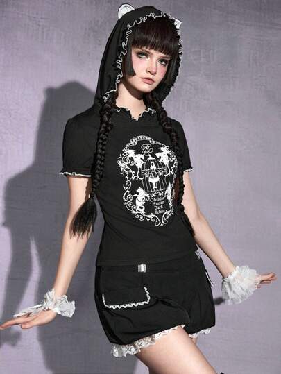 ROMWE Goth Sudadera con capucha con silueta de niña con jaula de pájaros, alas de murciélago, gato y vid oscura, con orejas de gato y camiseta ajustada