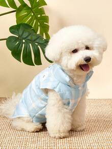PETSIN Áo khoác cho thú cưng (chó mèo) màu xanh dương, họa tiết kẻ caro dễ thương, cổ cao, có thể kéo vào trong, chất liệu lông mềm mại, thoải mái, không tay. - Màu xanh lam - Xem 7