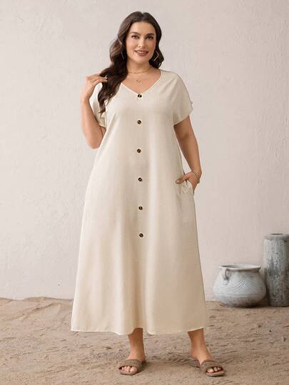 SHEIN Essnce Plus-Size Women's Spring/Summer Fashion Casual Loose Comfortable Everyday Basic Versatile Slimming Apricot V-Neck Long Dress With Pockets,Summer Outfits,Simple Style