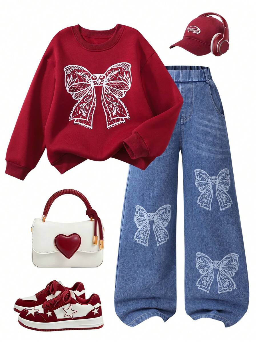 Sparklyn 2件套：少女休闲宽松蝴蝶印花卫衣和粉色水洗宽松蝴蝶刺绣直筒牛仔裤 - 酒紅色 - 查看 1