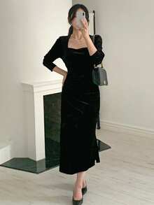 DAZY 女士方领修身丝绒中长连衣裙，优雅正式场合吊带裙 - 黑色 - 查看 7