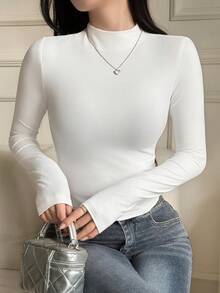 DAZY 女士高领修身长袖T恤 - 白色 - 查看 5