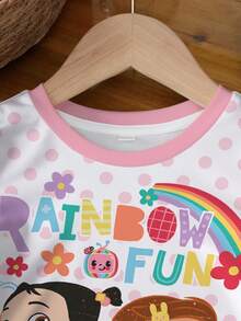 CoComelon X SHEIN Baby Girl Casual Everyday Commute Cartoon Rainbow Letter Polka Dot Print Short Sleeve Ringer Tee - White - View 3