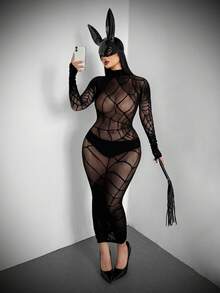 Whyspr Plus Size Women Sexy Long Sleeve Hollow Out Dress Valentines Casual Punk - Black - View 5