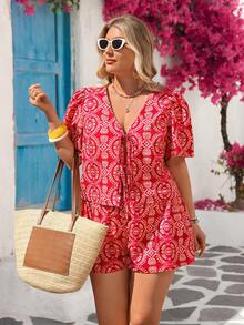 Vivid Eden Bộ đồ 2 món cỡ lớn mùa hè, in họa tiết toàn thân, buộc dây phía trước, gồm áo tay ngắn và quần short. - Đỏ - Xem 7