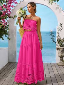 Vivid Eden 女士无肩带镂空荷叶边露脐上衣和半身裙休闲度假套装，纯色/格子/条纹/休闲款 - 玫紅色 - 查看 4