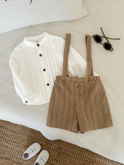 SHEIN 2pcs/Set Baby Boy Toddler Gentleman Outfit, White Long Sleeve Shirt And Khaki Striped Suspender Shorts, Elegant Suit Set For Spring/Summer, Suitable For Festivals, Month Celebration, Baptism, Baby Shower, Wedding Guest, Pageboy, Ring Bearer Neutral Baby Clothes Unisex Boy Summer Outfit Set