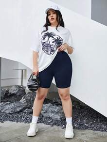 SHEIN EZwear Quần legging ngắn dáng suông màu xanh hải quân dành cho nữ, cỡ lớn, có gân. - Màu xanh hải quân - Xem 2