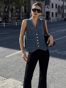 DAZY 女士单排扣牛仔背心 - 藍色 - 查看 6