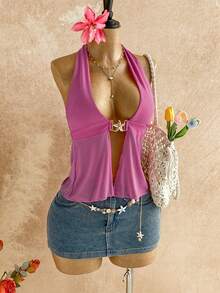 Soleia 新款金属网眼吊带背心，适合度假、夏季、情人节等场合，粉色上衣 - 粉色 - 查看 6