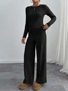 EURMUSE Women's Solid Color Minimalist Long Sleeve Top And Pants 2-Piece Set, Casual Everyday Wear - Black - View 4