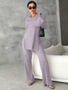 EURMUSE Cotton Solid Split Hem Tee & Flare Leg Pants - Lilac Purple - View 5