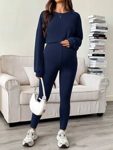 SHEIN Bộ đồ bầu 2 món màu trơn, gồm áo hai dây và áo thun. - Xanh đậm - Xem 6