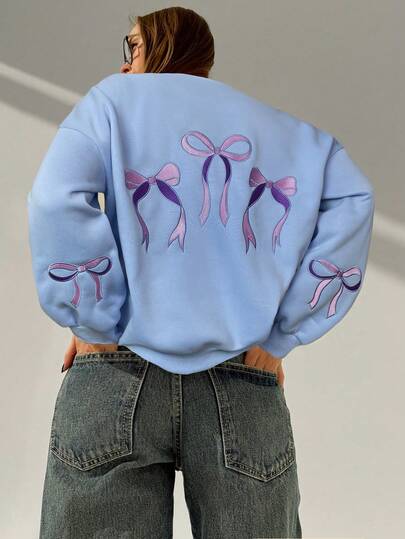 Aloruh Oversized Embroidered Bow Romantic Fleece Sweatshirt For Women, Suitable For Outdoor Wear In Autumn/Winter