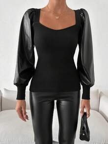 EURMUSE 棉质甜心领灯笼袖露脐上衣 - 黑色 - 查看 5