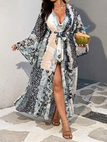 Swim Vcay Cárdigan casual largo y holgado con abertura lateral para mujer de talla grande - Verde - Ver 6