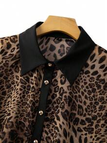 GlowEve CURVE 大码女式豹纹雪纺拼接衬衫，金色纽扣装饰上衣，休闲春夏装 - 彩色 - 查看 5