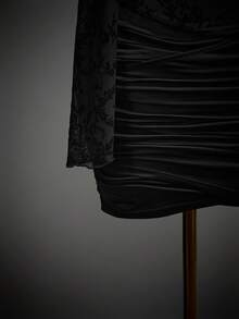 SHEIN ICON Flocked Mesh Patchwork Sheer Ruched Long Sleeve Mini Dress - Black - View 6