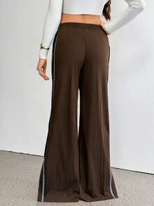 SHEIN Tall 女士弹力腰侧条纹阔腿宽松休闲裤棕色裤子女士阔腿裤按扣裤运动裤棕色运动裤 - 棕色 - 查看 3