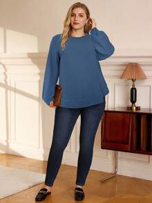 EMERY ROSE 大码女式纯色圆领长袖简约卫衣，秋冬休闲日常穿着 - 軍綠色 - 查看 5