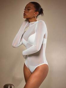 Athîral Women's Fashionable Sexy Solid Color Mesh Sheer Long Sleeve Bodysuit - White - View 3