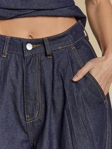 COSMINA Denim 女士露背吊带褶皱牛仔上衣和裤子套装 - 深色水洗藍 - 查看 4