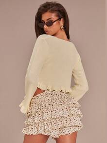 Athîral Women's Chic Elegant Cream White Sweater,Autumn Brunch Casual Ruffle Front Button Crop Top,Bell Sleeves,Lotus Leaf Hem,70s Solid Color Knit Tops - Multicolor - View 2