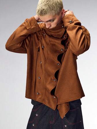 Street Life Giacca uomo autunnale alla moda minimalista in camoscio con collo alto, doppiopetto, allentata e con spalle cadenti