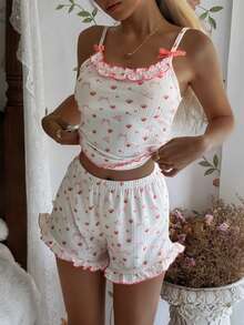 CottageSlumber Bộ đồ ngủ nữ với viền bèo nhún, nơ nhung và áo hai dây cùng quần short họa tiết hoa nhí. - trắng - Xem 6