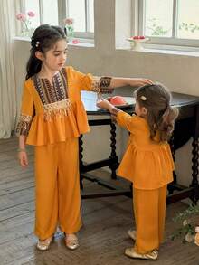LMoss Kids 两件套少女撞色编织休闲衬衫和裤子套装 - 彩色 - 查看 8