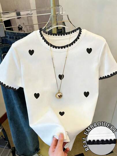 Resyla Women's Top, Heart Love Print Graphic Loose Casual Contrast Block Color Strip RoundNeck T-Shirt Top,A Gift For My Girlfriend's Best Friend,Spring/Summer 2026 New Collection