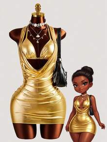 Swim SXY 2pcs Metallic Gold Shiny Fabric Swimsuit Set, Plunging Neckline Triangle Top With Thong Bottoms, Sexy Beach Holiday Style - Gold - View 1