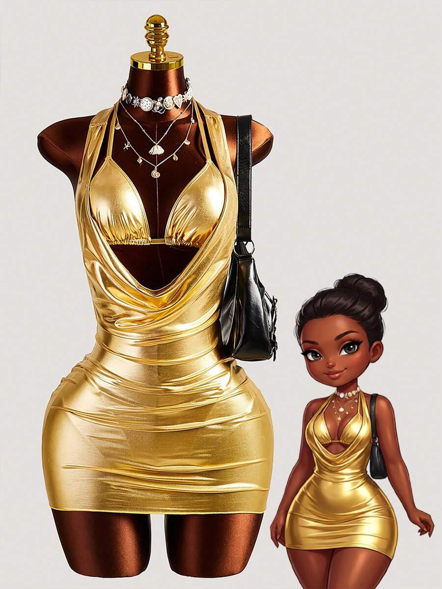 Swim SXY 2pcs Metallic Gold Shiny Fabric Swimsuit Set, Plunging Neckline Triangle Top With Thong Bottoms, Sexy Beach Holiday Style - Gold - View 1