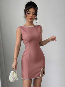 Elenzga فستان أنيق رومانسي مصنوع من الأسود والأبيض مع زخرفة من اللؤلؤ، بياقة طاقم بدون أكمام وفتحة جانبية مناسب للخروجات الربيعية والمواعدة وحفلات العشاء وعيد الحب - وردي مغبر - مشاهدة 4