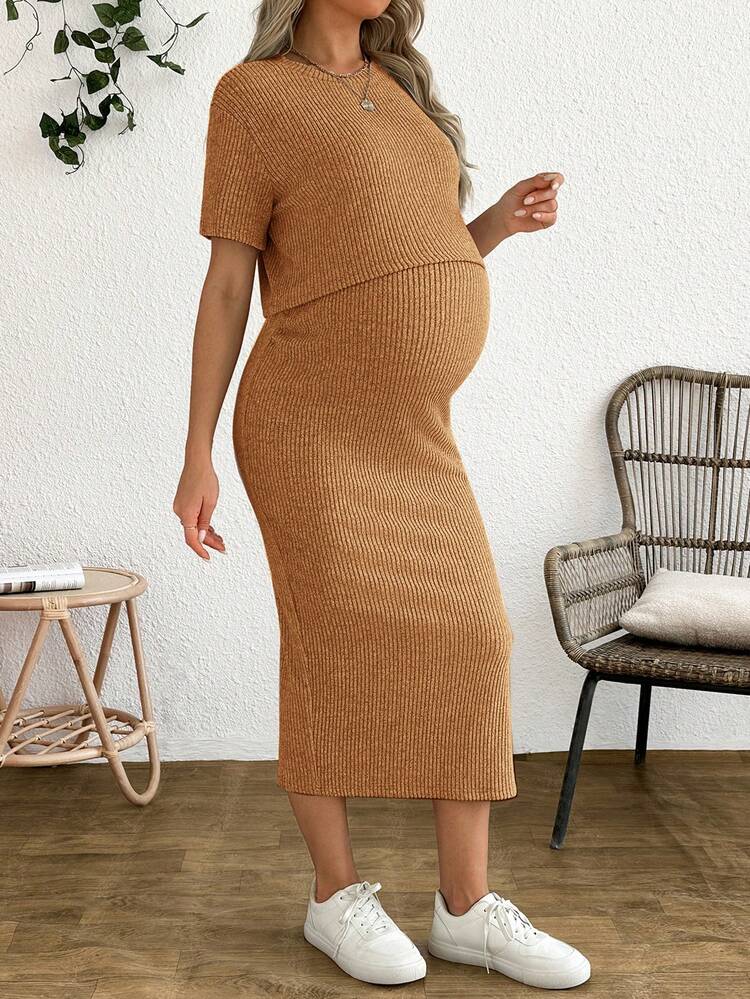 SHEIN 2pcs Maternity Casual Solid Color Top & Skirt Set - Yellow - View 8