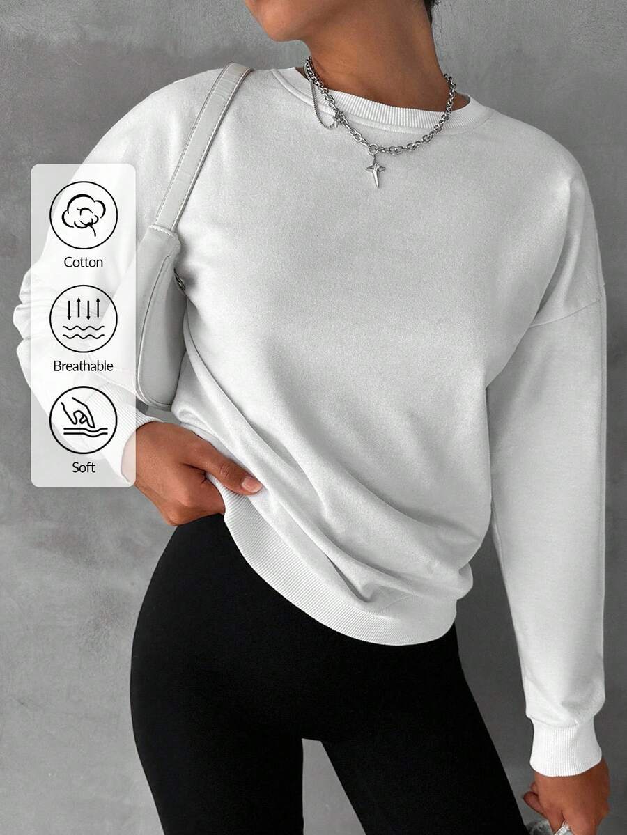 EURMUSE Cotton Solid Drop Shoulder Sweatshirt - White - View 1