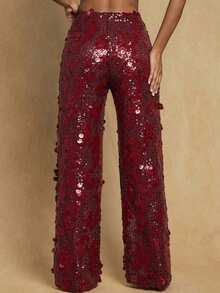 Glamine 高腰亮片阔腿米色长裤，适合节日派对服装、成人服装、女士优雅装扮、约会之夜阔腿裤、亮片女裤。 - 酒紅色 - 查看 2