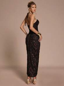 SHEIN BAE 秋冬女式酒红色提花露背抹胸开衩连衣裙，黑色迷你裙，派对正式礼服，适合派对、正式场合、鸡尾酒会、节日、万圣节、圣诞节等场合。 - 咖啡棕 - 查看 6