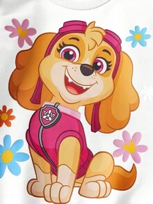 SHEIN | PAW Patrol 2pcs Young Girl Cartoon Cute Puppy Print Pink Knit Loose Sweatshirt And Floral All-Over Print Flared Pants Set, Autumn/Winter - Pink - View 4