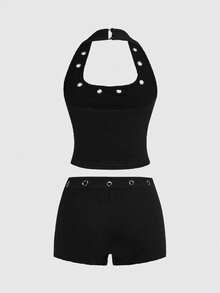ROMWE Goth Bộ đồ nữ phong cách Y2K gợi cảm, thiết kế hở lưng với dây đeo kim loại và quần short cạp siêu thấp. - màu đen - Xem 2