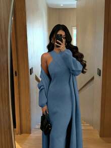 Elenzga Conjunto de punto minimalista de diseño de nicho con cuello cruzado de unicolor elegante, vestido ajustado de cuello halter, cárdigan largo de unicolor de estilo vintage minimalista, adecuado para ir al trabajo y salir - Azul - Ver 1