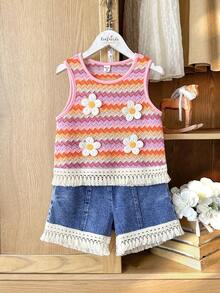 SHEIN Vintaside Kids 2pcs/Set Tween Girls' Sweet & Cute Blue And Orange Textured Fabric Embroidered Floral Pattern Denim Fringe Shorts Set,Funny Summer Vacation Holiday - Pink - View 6