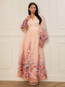 Lilora Elegantes hochwertiges, zart bedrucktes Maxikleid mit Blumenmuster für Frauen, mit Taillengürtel, V-Ausschnitt, Strass-Dekor, Rüschensaum und Puffärmeln