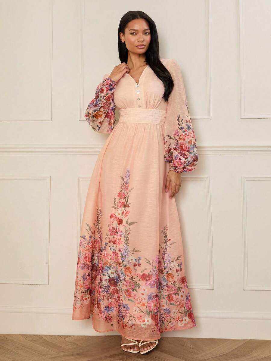 Lilora Women's Elegant Multicolor Deep V Neck Maxi Dress With Long Puff Sleeves And Folk-Custom Floral Print